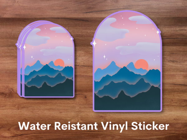 Sunset Mountains Water Resistant Vinyl Sticker - Beautiful sunset sky and stars sticker, Nature sticker, Sunset landscape art