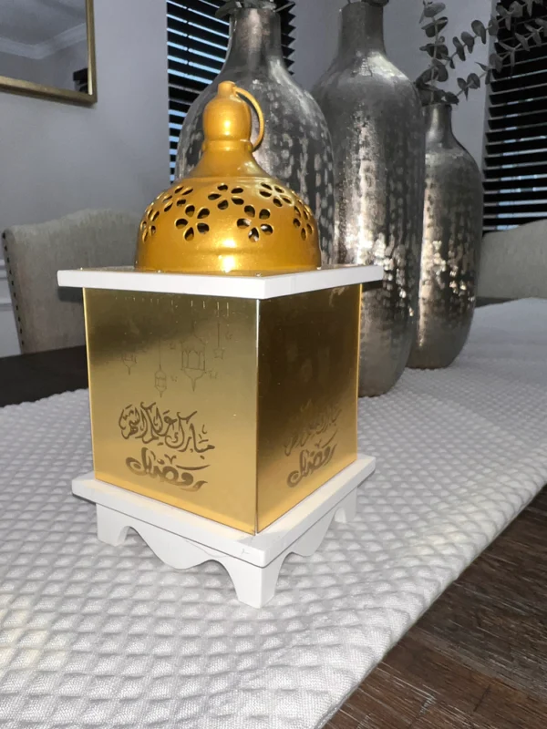 Mubarak Alaykom Shahar Ramadan Wooden Lantern White and Gold - Image 2