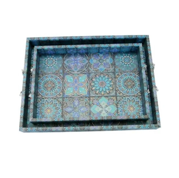 Set of 2 Moroccan Teal Wooden Serving Tray - Image 2