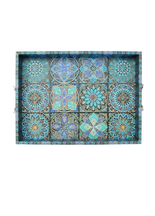 Set of 2 Moroccan Teal Wooden Serving Tray