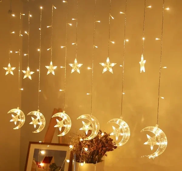 Crescent moon and star curtain lights