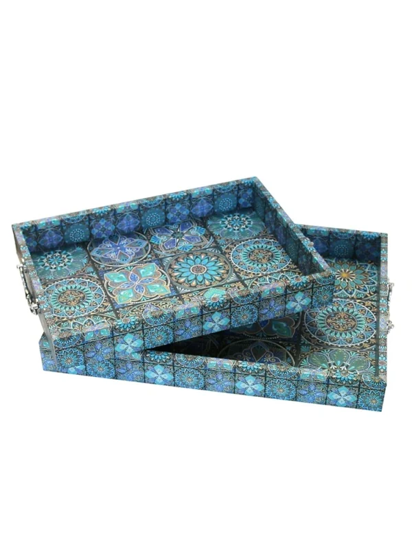 Set of 2 Moroccan Teal Wooden Serving Tray - Image 3