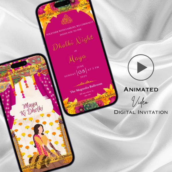 Pink Animated Digital Mehndi Mayoun Mayun Haldi Dholki Invitation Card Muslim Desi Indian Wedding Events Template Floral Dhol Solo Yellow