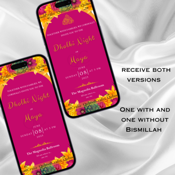 Pink Animated Digital Mehndi Mayoun Mayun Haldi Dholki Invitation Card Muslim Desi Indian Wedding Events Template Floral Dhol Solo Yellow - Image 2