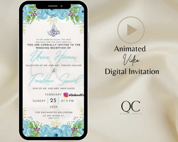 Animated Ice Blue Sunset Digital Nikkah Ceremony Shaadi Walima Wedding Engagement Muslim Desi Invitation Invite Card Template Floral Evening - Image 2