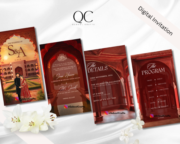 Animated Red Baraat Shaadi Engagement Regal Nikkah Wedding Digital Desi Muslim Invitation Card Template Instant Download Floral Mughal - Image 2