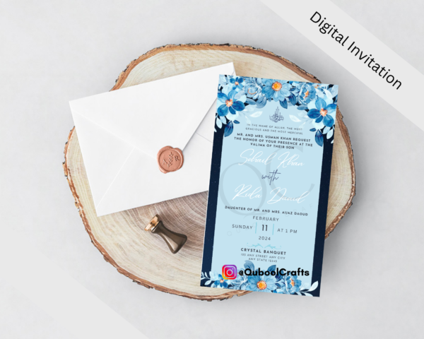 Animated Blue Reception Walima Shaadi Nikkah Engagement Wedding Digital Desi Muslim Invitation Card Template Ice Blue Instant Floral Lantern - Image 2