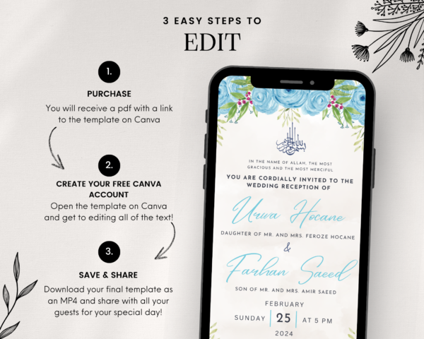 Animated Ice Blue Sunset Digital Nikkah Ceremony Shaadi Walima Wedding Engagement Muslim Desi Invitation Invite Card Template Floral Evening - Image 4