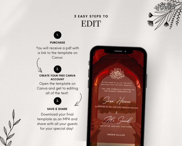 Animated Red Baraat Shaadi Engagement Regal Nikkah Wedding Digital Desi Muslim Invitation Card Template Instant Download Floral Mughal - Image 4