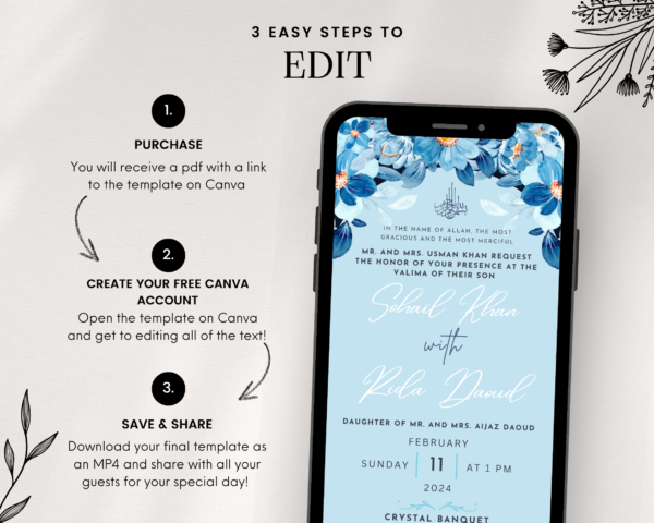 Animated Blue Reception Walima Shaadi Nikkah Engagement Wedding Digital Desi Muslim Invitation Card Template Ice Blue Instant Floral Lantern - Image 4