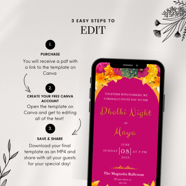 Pink Animated Digital Mehndi Mayoun Mayun Haldi Dholki Invitation Card Muslim Desi Indian Wedding Events Template Floral Dhol Solo Yellow - Image 5