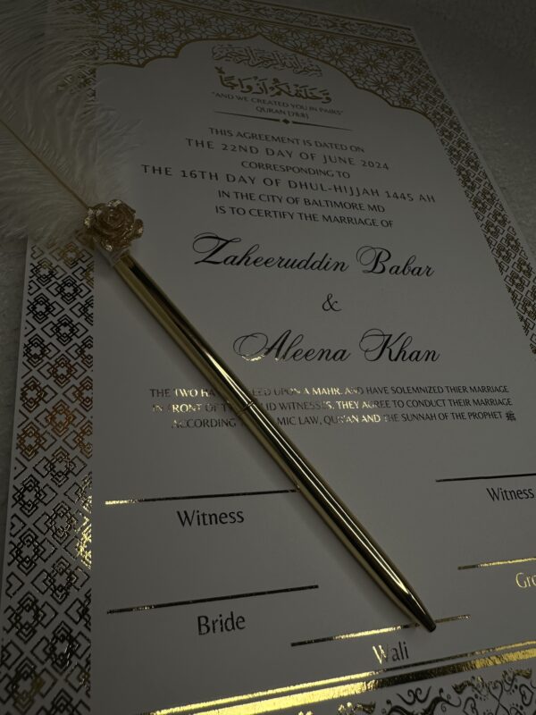 Luxury Gold Foil Nikkah Contract Pen Personalized Muslim Cards Nikkanama Muslim Desi Gold Bismillah 8.5x14in Physical Copy Frame Nikkah Pen - Image 2