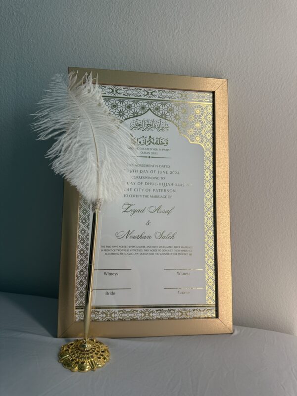 Luxury Gold Foil Nikkah Contract Pen Personalized Muslim Cards Nikkanama Muslim Desi Gold Bismillah 8.5x14in Physical Copy Frame Nikkah Pen