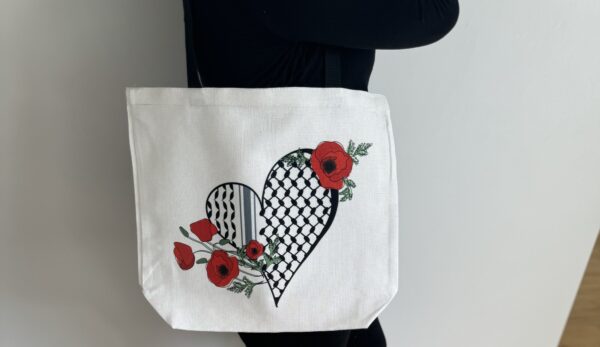 Palestine-Inspired Tote (keffiyeh heart poppy)