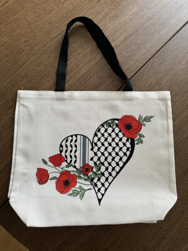 Palestine-Inspired Tote (keffiyeh heart poppy) - Image 2