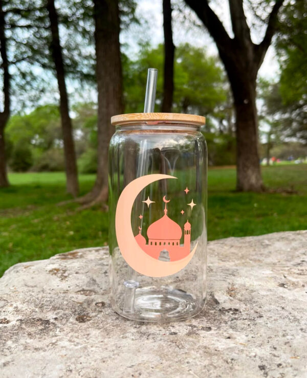 Masjid Glass cup with Lid & Straw