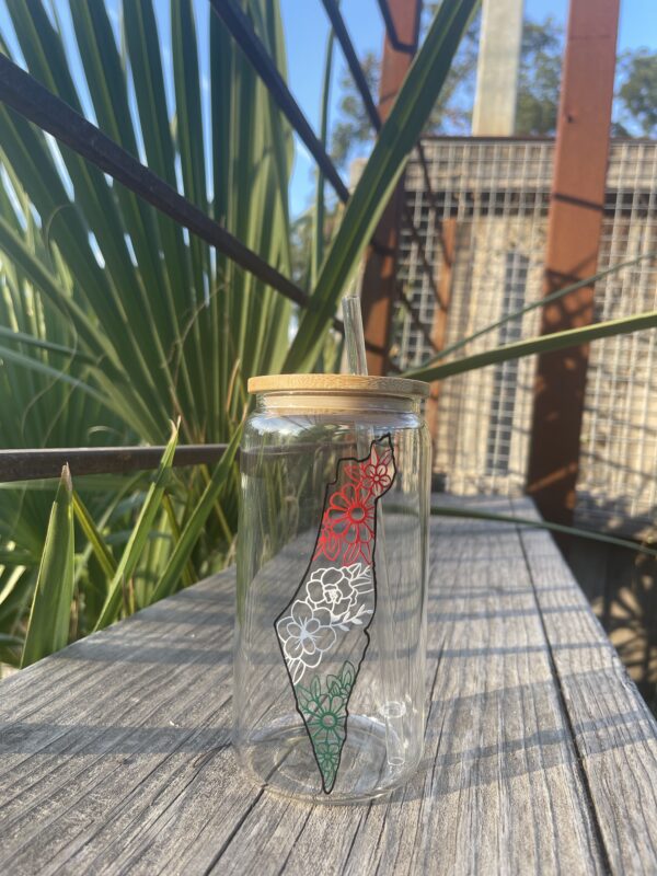 Palestine floral map glass cup w/ Lid & Straw