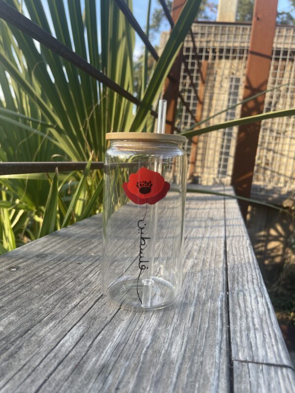 Poppy flower Palestine stem glass cup w/Lid & straw