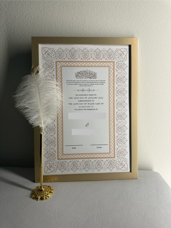 SHAB A3 Luxury Nikkah Contract Personalized Nikkanama Gold Nikkah Pen With Frame KatbKitab Katb - Image 2