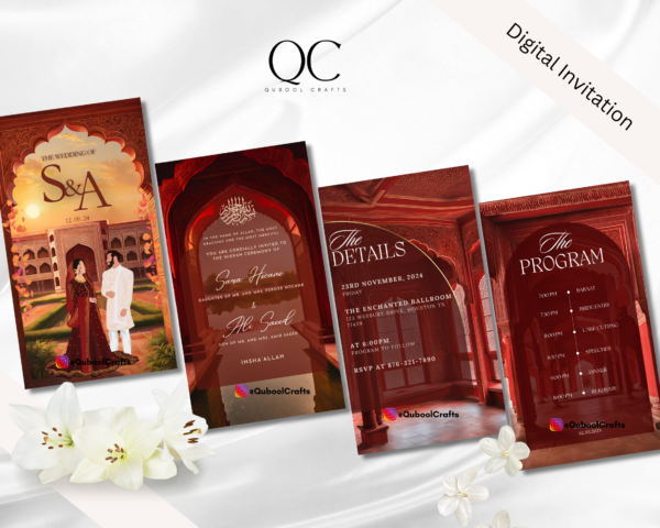 Animated Red Baraat Shaadi Engagement Regal Nikkah Wedding Digital Desi Muslim Invitation Card Template Instant Download Floral Mughal - Image 2