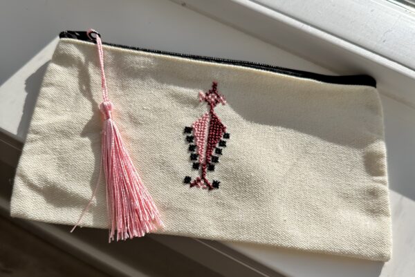 Hand Stitched Tatreez Cypress Tree Motif Zippered Pouch with Tassel