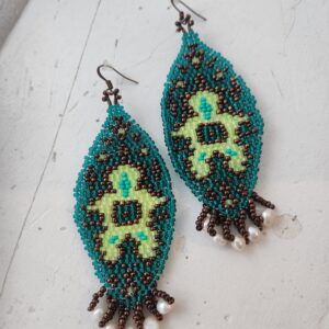 Aadamak beaded earrings with freshwater pearls - teal and neon yellow